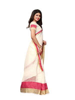 Off white plain cotton silk saree with blouse 3