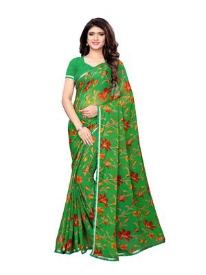 Green Printed Chiffon Saree With Blouse 1