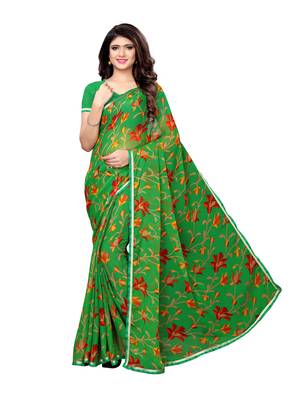 Green Printed Chiffon Saree With Blouse 2