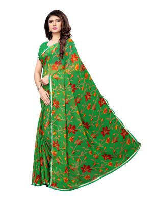 Green Printed Chiffon Saree With Blouse 3