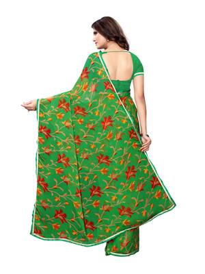Green Printed Chiffon Saree With Blouse 4