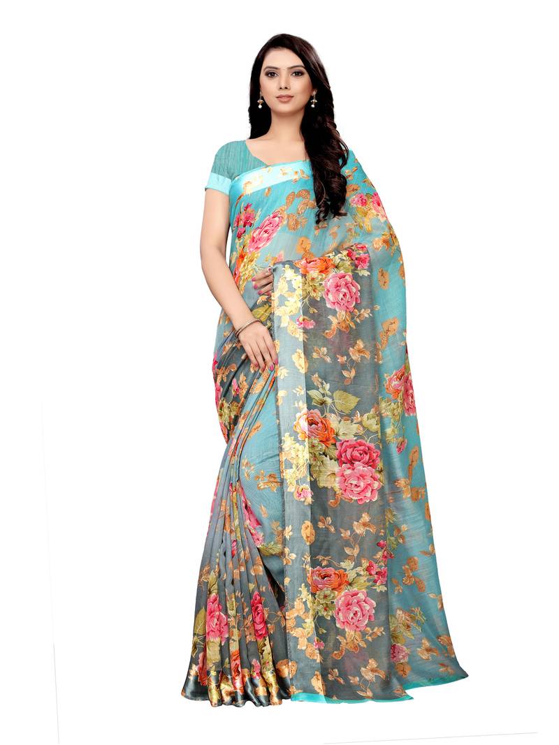 Women's Silk Blend Grey Printed Designer Saree With Blouse Piece