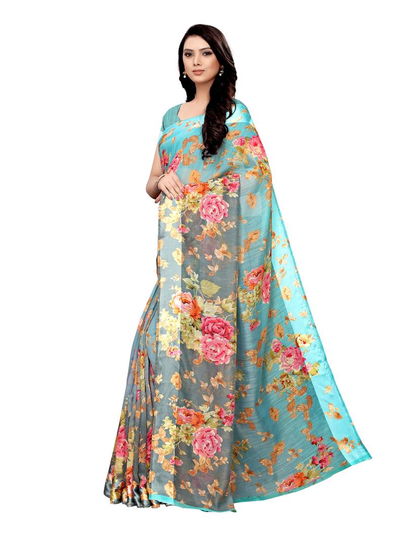 Women Gray Cotton Blend Printed Saree With Unstitched Blouse