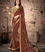 Brown embroidered georgette saree with blouse