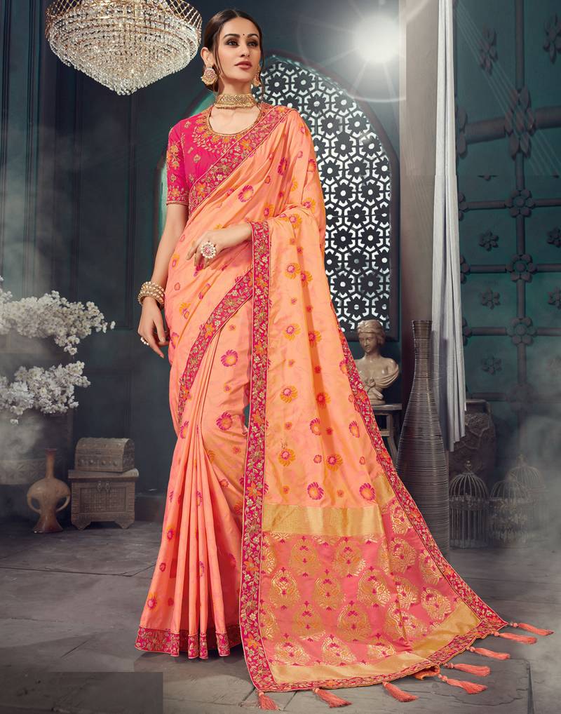 Peach embroidered bhagalpuri silk saree with blouse