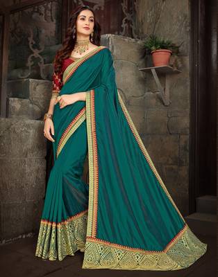 Green embroidered art silk saree with blouse 1