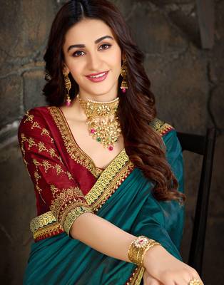 Green embroidered art silk saree with blouse 2