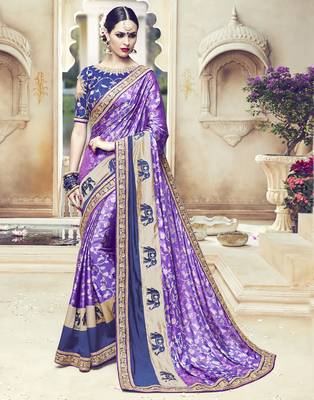 Purple embroidered silk blend saree with blouse 1
