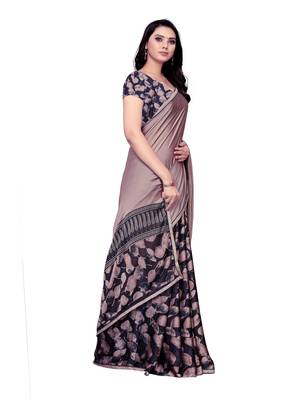 Beige Printed Shimmer Saree With Blouse 3