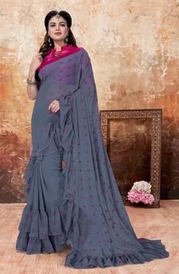 Grey embroidered georgette saree with blouse 1