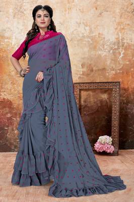 Grey embroidered georgette saree with blouse 2