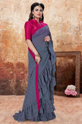 Grey embroidered georgette saree with blouse 3