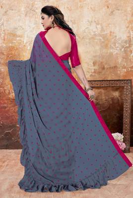 Grey embroidered georgette saree with blouse 4