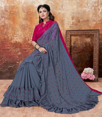 Grey embroidered georgette saree with blouse 5