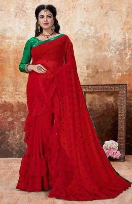 Red embroidered georgette saree with blouse 1