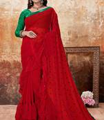 Red embroidered georgette saree with blouse