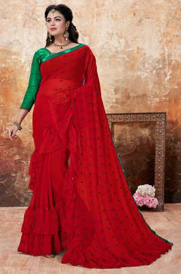 Red embroidered georgette saree with blouse 2