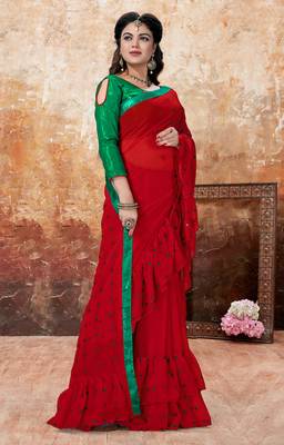 Red embroidered georgette saree with blouse 3