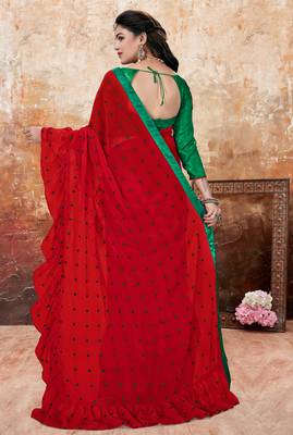 Red embroidered georgette saree with blouse 4