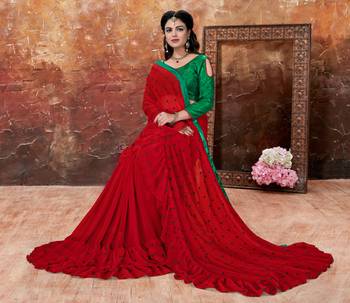 Red embroidered georgette saree with blouse 5