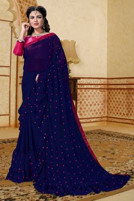 Blue embroidered georgette saree with blouse 1