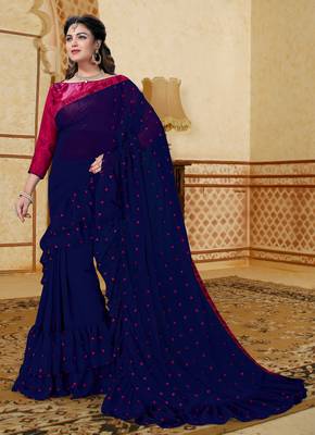 Blue embroidered georgette saree with blouse 2