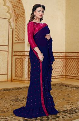 Blue embroidered georgette saree with blouse 3