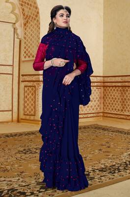 Blue embroidered georgette saree with blouse 5