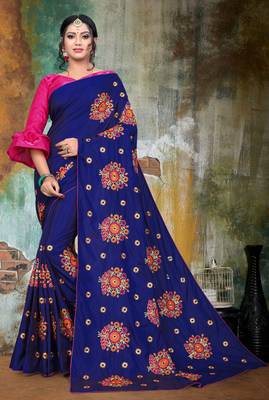 Blue embroidered art silk saree with blouse 1