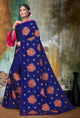 Blue embroidered art silk saree with blouse 2