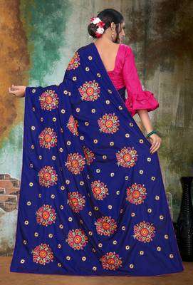 Blue embroidered art silk saree with blouse 3