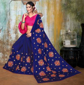 Blue embroidered art silk saree with blouse 4