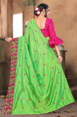 Green embroidered art silk saree with blouse 3