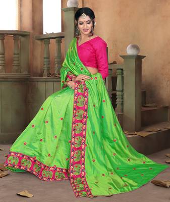 Green embroidered art silk saree with blouse 4