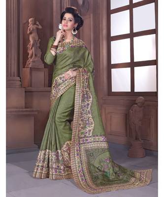 Green Printed art silk saree with blouse 1