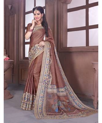 Brown Printed art silk saree with blouse 1