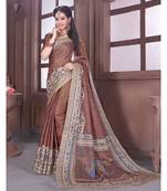 Brown Printed art silk saree with blouse