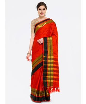 Orange woven cotton saree with blouse 1