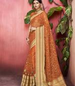 Brown embroidered organza saree with blouse