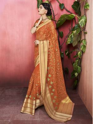 Brown embroidered organza saree with blouse 2