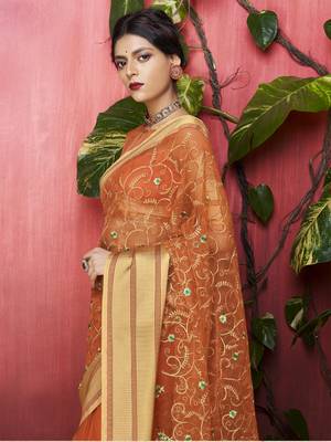 Brown embroidered organza saree with blouse 3