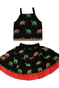 Black Baby Girls Skirt and Top Self Design Hand Block Print