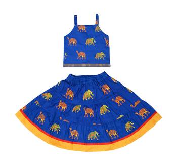 Blue Baby Girls Skirt and Top Self Design Hand Block Print 1