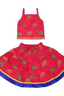 Pink Baby Girls Skirt and Top Self Design Hand Block Print