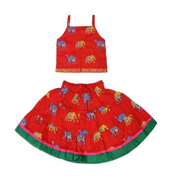 Red Baby Girls Skirt and Top Self Design Hand Block Print 1