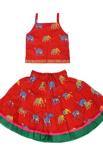 Red Baby Girls Skirt and Top Self Design Hand Block Print