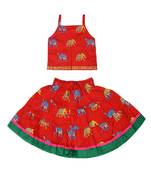 Red Baby Girls Skirt and Top Self Design Hand Block Print