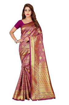Rani pink woven banarasi silk saree with blouse