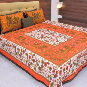 The Kanha 100% Cotton Rajasthani Print 200 Tc Double Bedsheet With 2 Pillow Covers, King Size 1