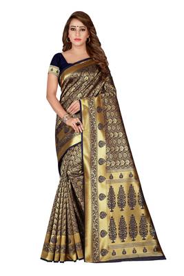 Navy blue woven banarasi silk saree with blouse 1